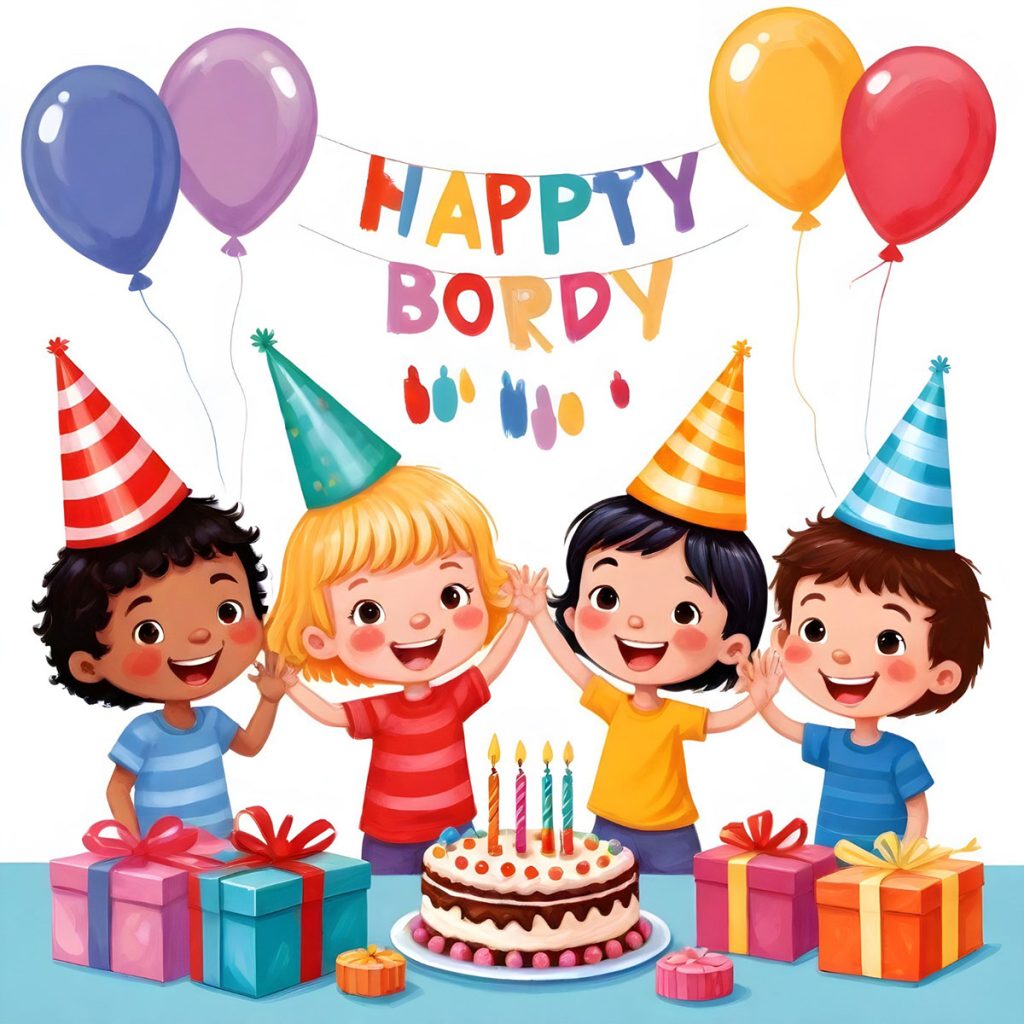 Dibujo a color de niños celebrando un cumpleaños